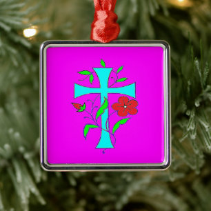 Colour blushing pink with red flowers blue cross metal tree decoration