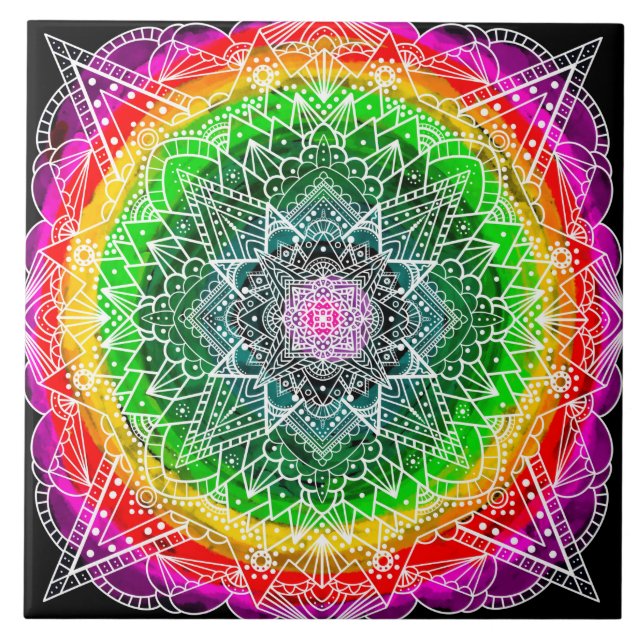 Colour burst Rainbow Prism Mandala   Tile (Front)