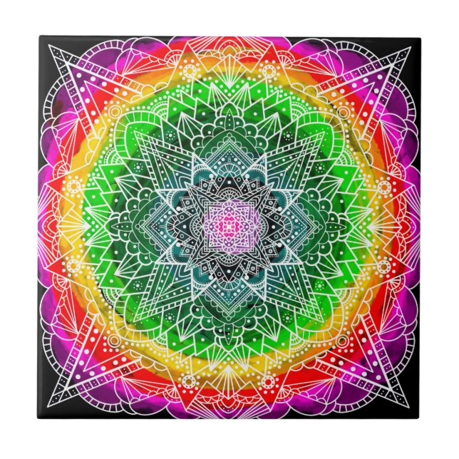 Colour burst Rainbow Prism Mandala   Tile (Front)