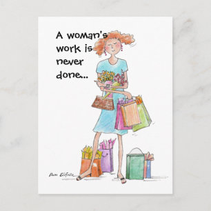 Colour Charicature Working Woman Shopping Postcard