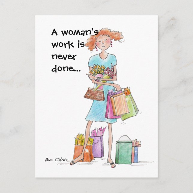 Colour Charicature Working Woman Shopping Postcard (Front)