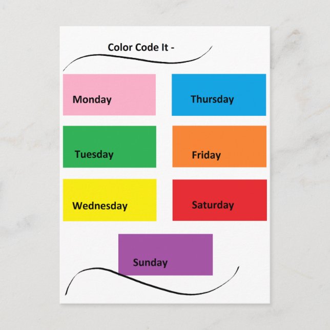 Colour Code It Visual Identifiers Days of the Week Postcard (Front)