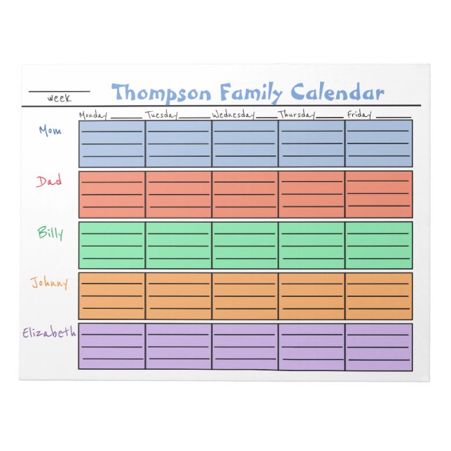Colour Coded Family Weekly Calendar Notepad (Front)