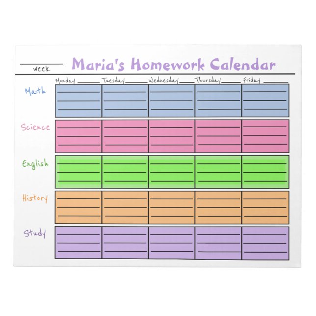 Colour Coded Weekly Homework Notepad (Front)