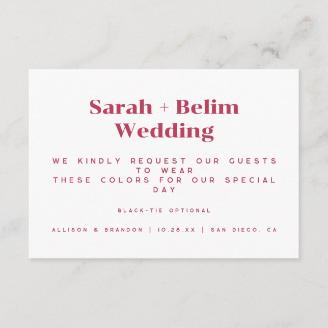 Colour Coordinated Wedding Invitation Insert Cards (Front)