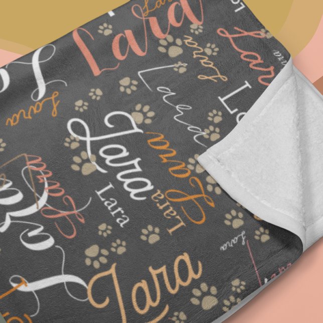 Colour Dog Name & Puppy Paws all over dark grey Fleece Blanket (Creator Uploaded)