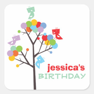 Colour Dot Trees Cute Birds Party Gift Tag Sticker
