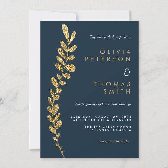 Colour Editable Faux Gold Leaf Wedding Invitation (Front)