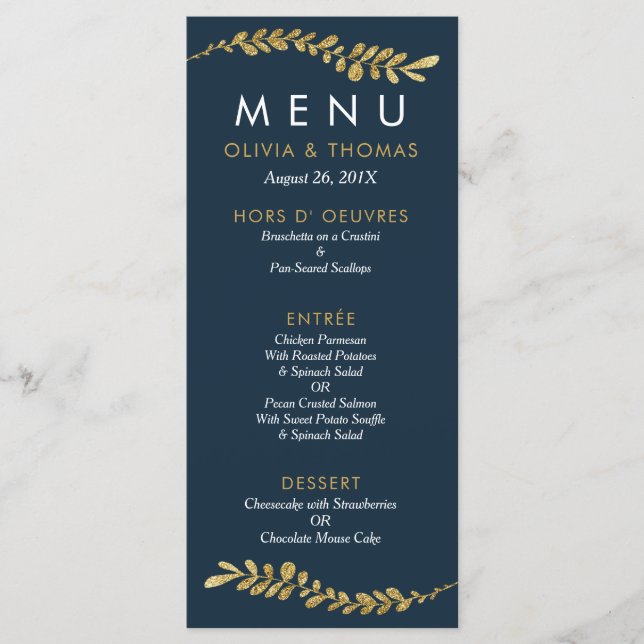 Colour Editable Faux Gold Leaf Wedding Menu Card (Front)