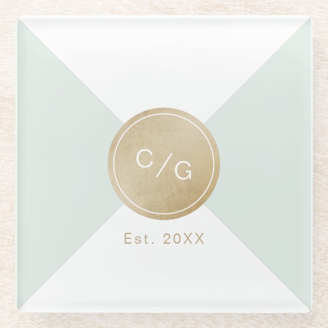 Colour editable minimalist modern wedding monogram glass coaster (Front)