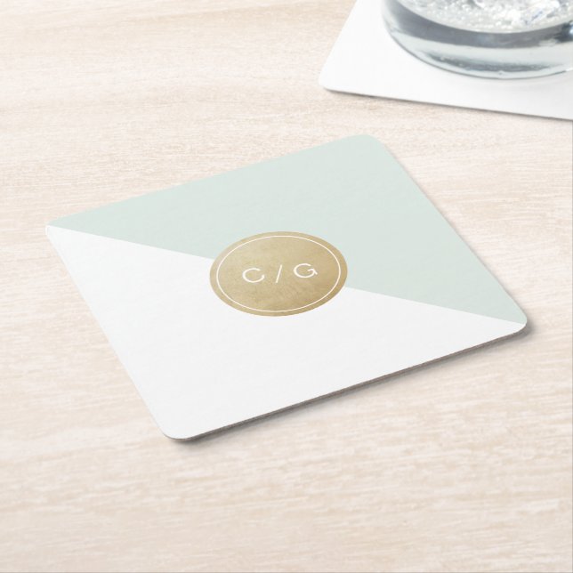 Colour editable minimalist modern wedding monogram square paper coaster (Angled)