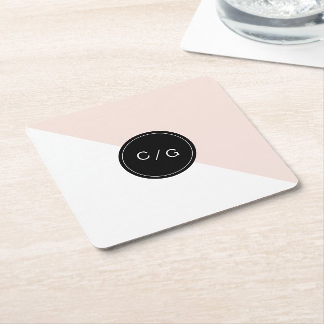 Colour editable minimalist modern wedding monogram square paper coaster (Angled)