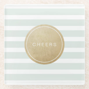 Colour editable modern simple cheers mint stripes glass coaster