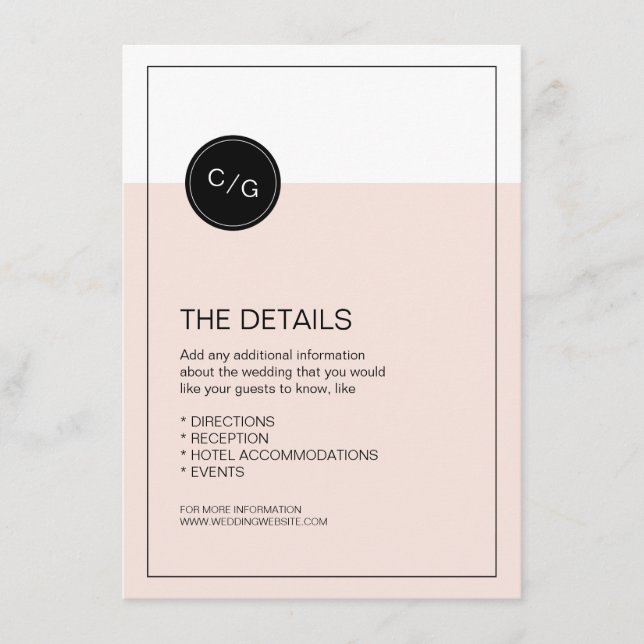 Colour editable modern wedding details card (Front)