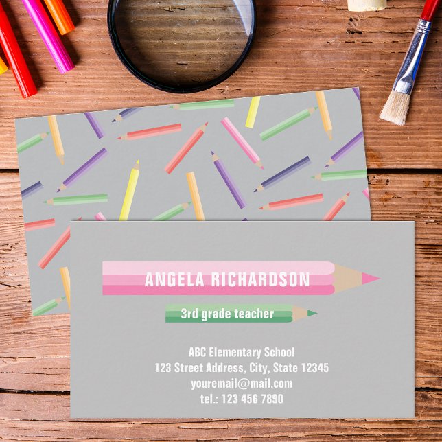 Colour Editable Pencils on Grey Elementary Teacher Business Card (Creator Uploaded)