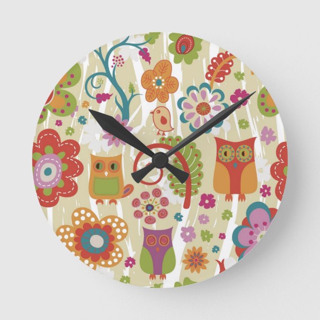 Colour Floral and Owl Round Clock (Front)