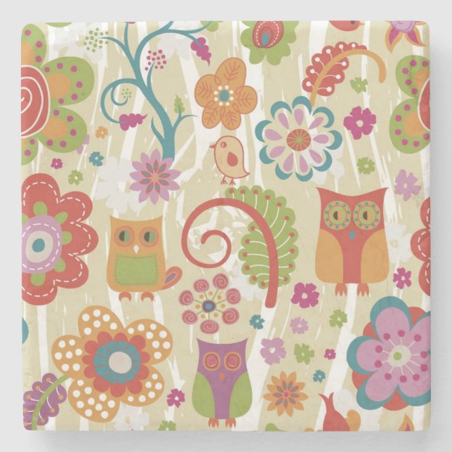 Colour Floral and Owl Stone Coaster (Front)