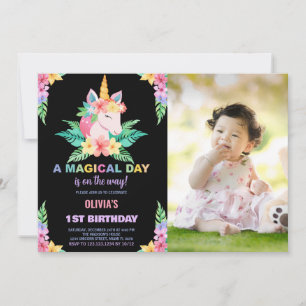 Colour Floral Unicorn Birthday Invitations photo