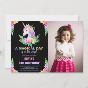 Colour Floral Unicorn Birthday Invitations photo