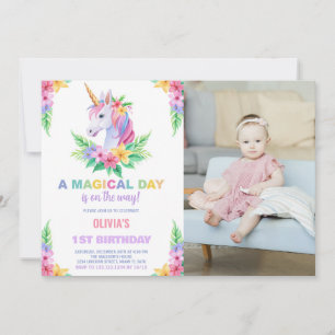 Colour Floral Unicorn Birthday Invitations photo