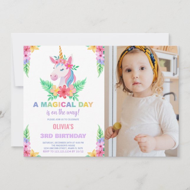 Colour Floral Unicorn Birthday Invitations w photo (Front)