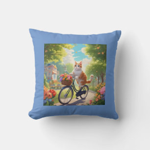 Colour Flower Scene with Cat on Bicycle Pillow