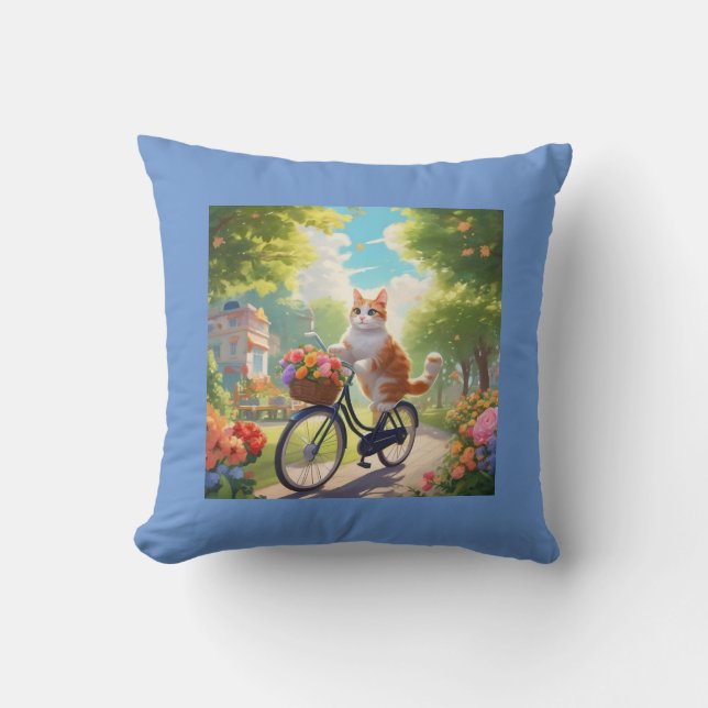 Colour Flower Scene with Cat on Bicycle Pillow (Front)