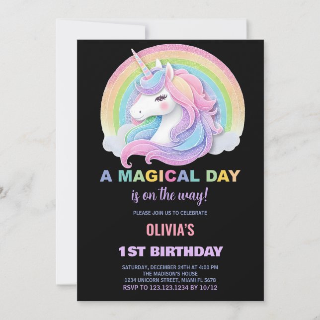 Colour Glitter Unicorns Birthday Invitations (Front)