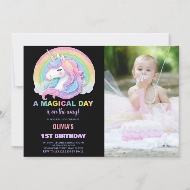 Colour Glitter Unicorns Birthday Invitations photo (Front)