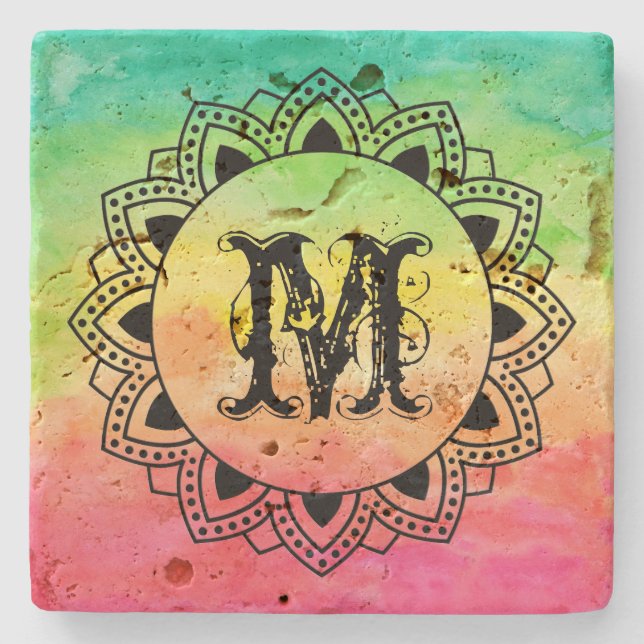 Colour Gradation Ornate Black Circle & Monogram Stone Coaster (Front)