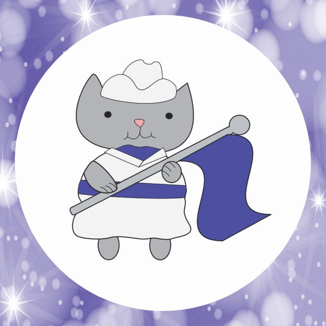 Colour Guard Cat Blue White Classic Round Sticker (A cute sticker with a gray cat dressed in a blue and white color guard outfit.)