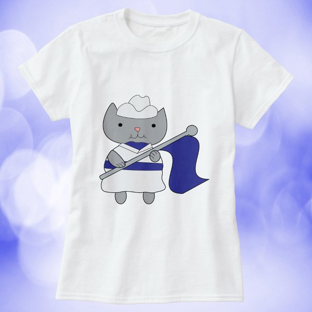 Colour Guard Cat Blue White T-Shirt (A shirt with a cute kitty cat wearing a blue and white color guard uniform.)