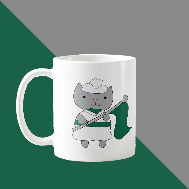 Colour Guard Cat Green and White Coffee Mug (A mug featuring a gray cat wearing a green and white color guard uniform.)