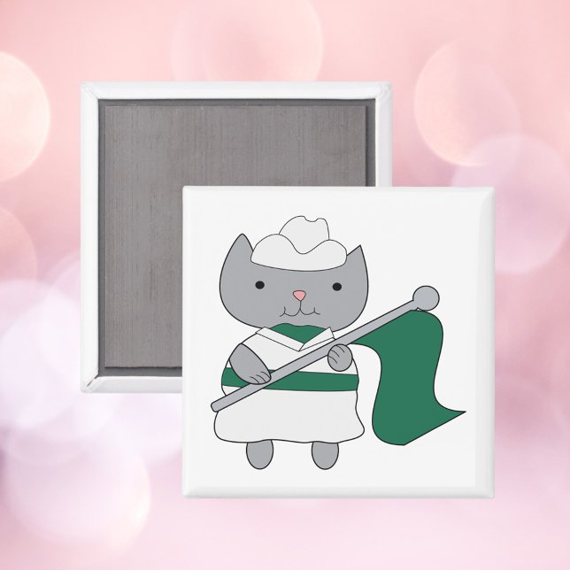 Colour Guard Cat Green and White Magnet (A cute magnet with a gray cat in a green & white color guard outfit.)