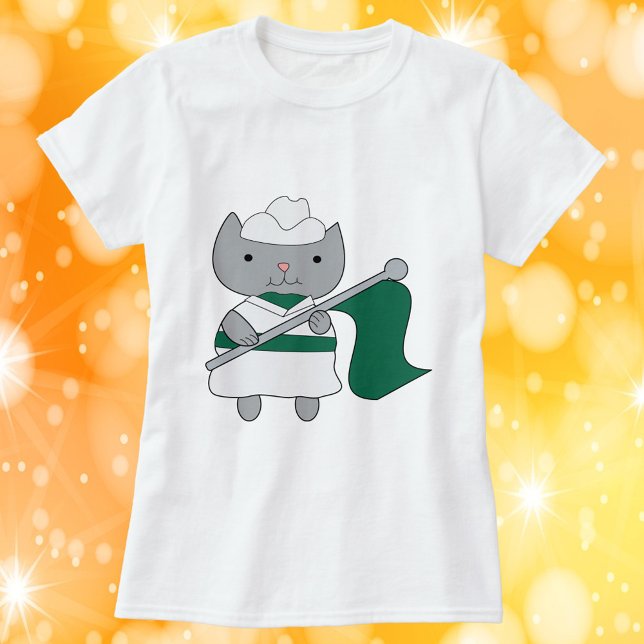 Colour Guard Cat Green White T-Shirt (A tshirt featuring a gray cat wearing a green & white color guard uniform while holding a green flag)
