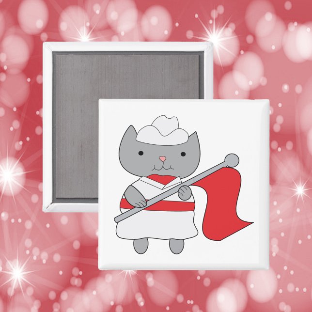 Colour Guard Cat Red White Magnet (A magnet featuring a gray cat in a red and white color guard uniform.)