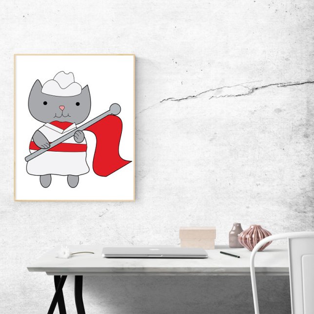Colour Guard Cat Red White Poster (This poster features a cute gray cat wearing a red and white color guard uniform.)