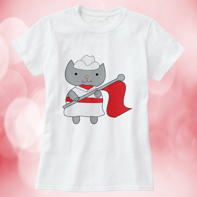 Colour Guard Cat Red White T-Shirt (A fun shirt with a gray cat wearing a red and white color guard uniform.)
