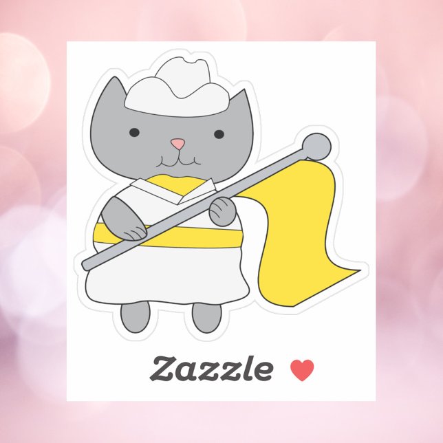 Colour Guard Flag Team Cat Yellow White (A sticker of a gray cat wearing a yellow and white flag team uniform.)