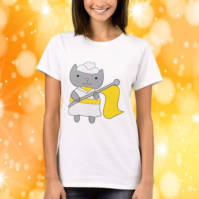 Colour Guard Grey Cat Yellow and White T-Shirt (A shirt with a cat in a yellow and white color guard uniform.)
