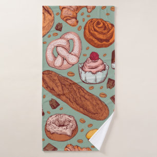 Colour hand drawn sketch style bakery patten. Diff Bath Towel