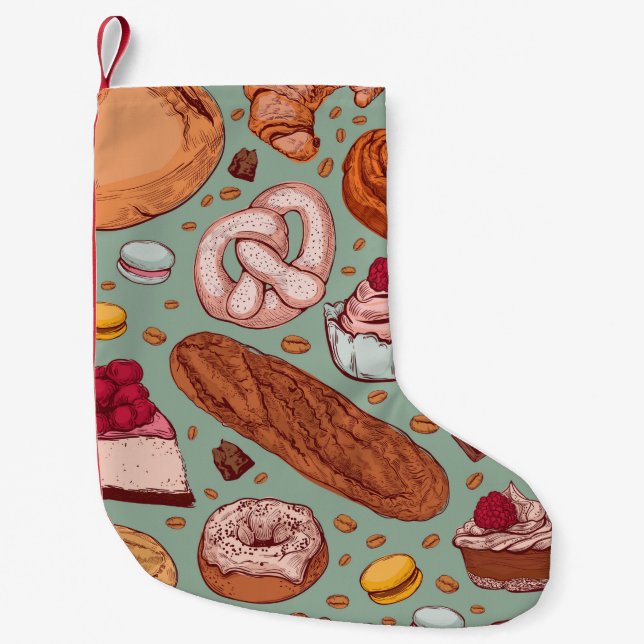 Colour hand drawn sketch style bakery patten. Diff Small Christmas Stocking (Front)