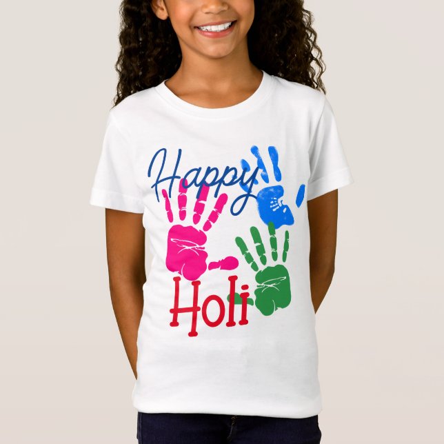 Colour Hand Print Pink Blue Green Holi T-Shirt (Front)