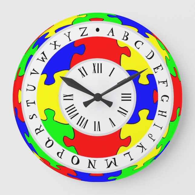 Colour Jigsaw, Roman Numerals and English Alphabet Large Clock (Front)