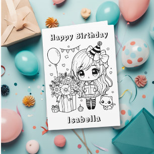 Colour Me Anime Girl's Birthday Card