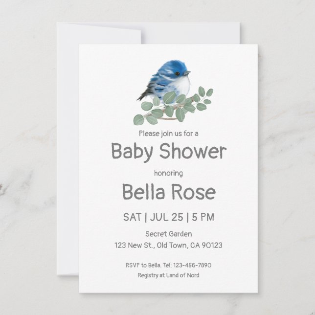 Colour Me Blue Bird Baby Shower Invitations (Front)