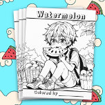 Colour Me Page | Anime Boy eating Watermelon<br><div class="desc">Cute colouring page for children. A little anime boy eating watermelon simple black and white lines colour page.  You can edit the text on  if you wish in the personalise area. Printed on fliers that you can buy in bulk. Cute for teachers or pre-schools.</div>