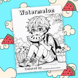 Colour Me Page | Anime Boy eating Watermelon