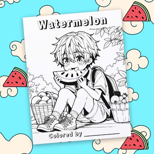 Colour Me Page | Anime Boy eating Watermelon (Creator Uploaded)