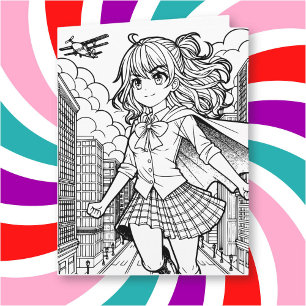 Colour Me Page Anime Superhero Girl Big Birthday Card